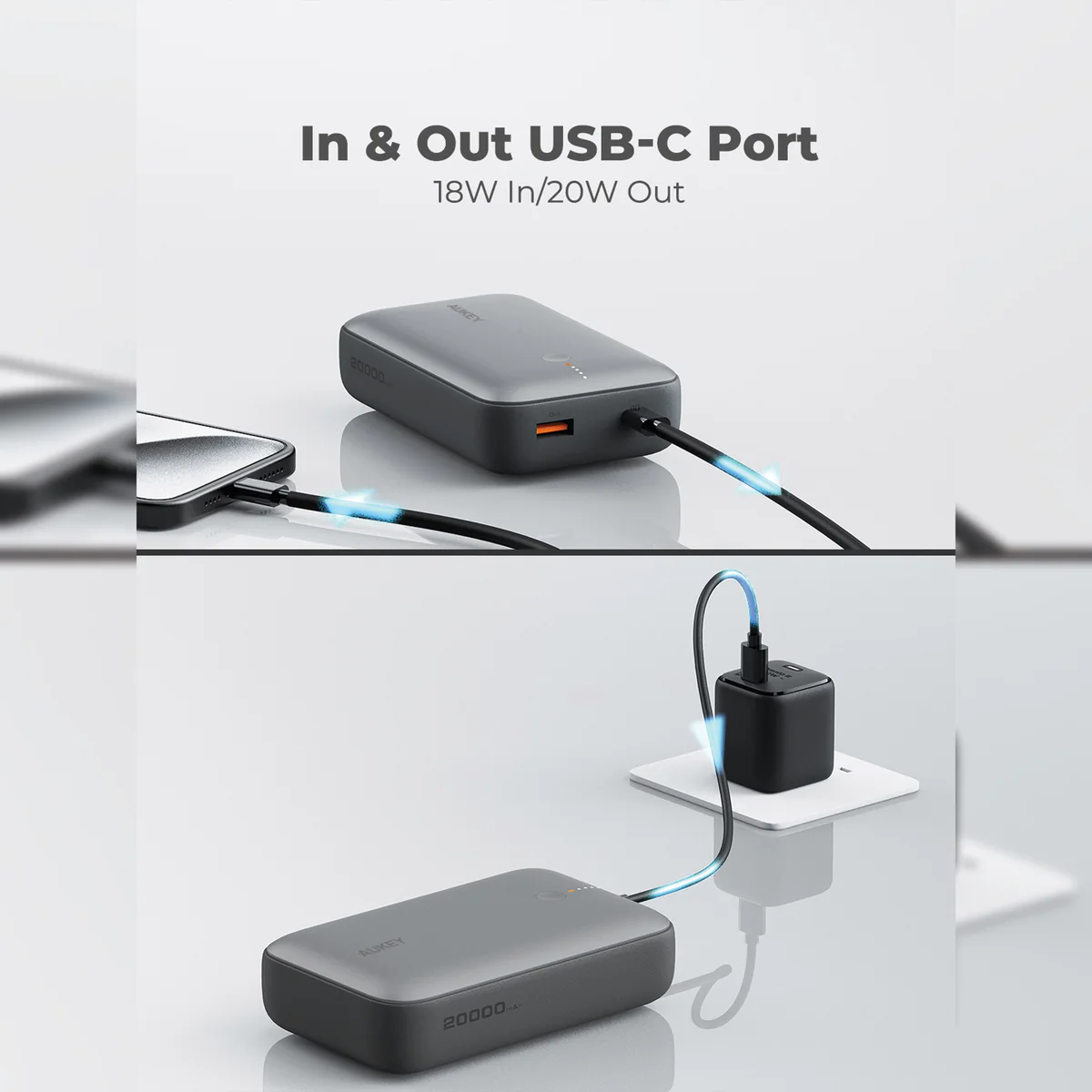 Aukey - Spark Mini 20000mAh 20W Powerbank Gris USB-C/USB-A - flash vidéo