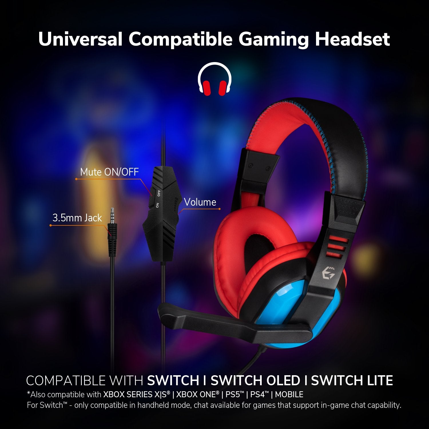EgoGear - Casque de jeu filaire SHS10 Rouge et Bleu pour Switch, Switch Lite, Switch OLED, PS5, PS4, Xbox Series X|S, Xbox One et Mobile - flash vidéo