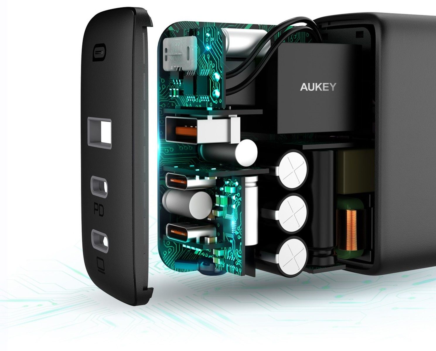 Aukey - Chargeur PD GaN 90W à trois ports PA-B6S Omnia Mix3 + Cable USB-C 100W PD - flash vidéo