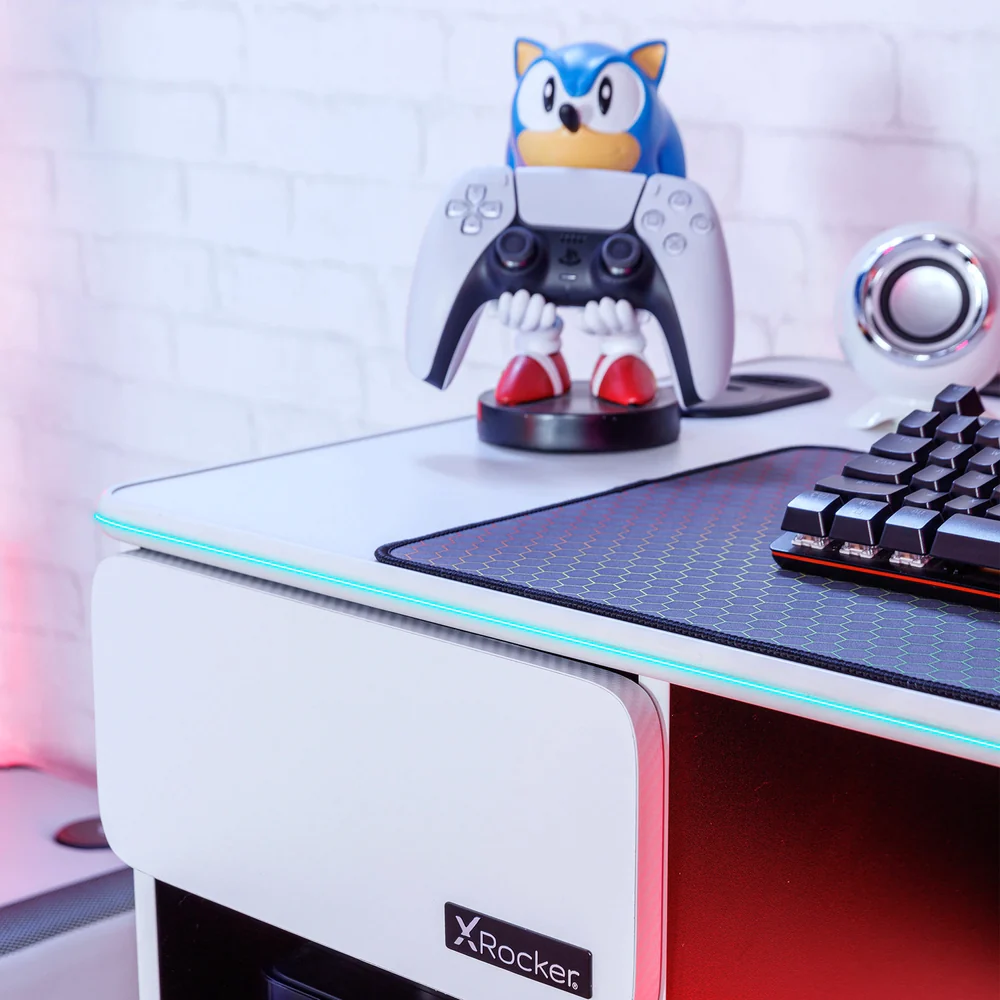 X Rocker - Bureau de jeu Carbon-Tek avec chargeur sans fil et éclairage LED Blanc - flash vidéo