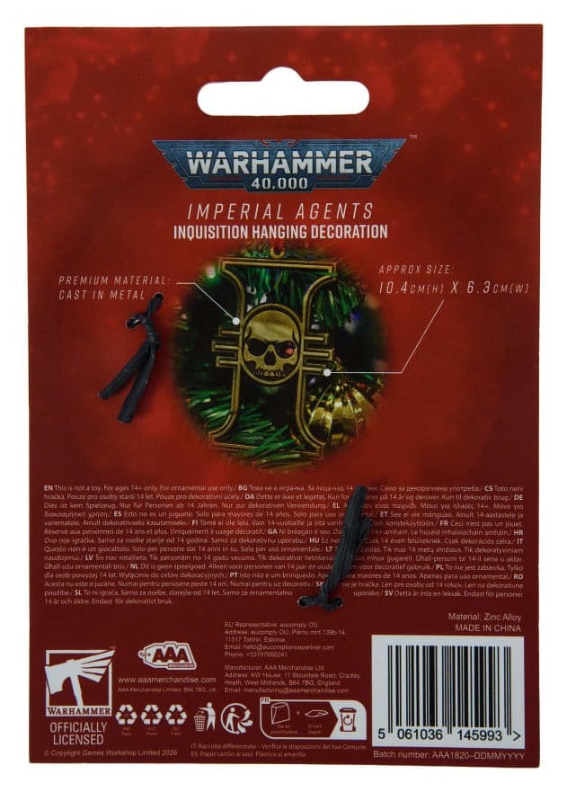 Warhammer 40,000 décoration suspendue Imperial Agents Inquisition 17 cm