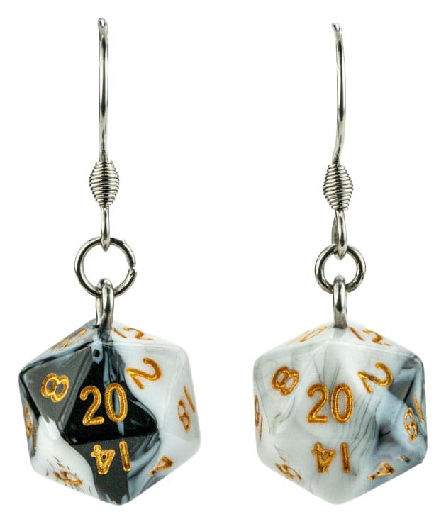 Lair Wear boucles d'oreilles dé D20 Marble Black & White avec Gold