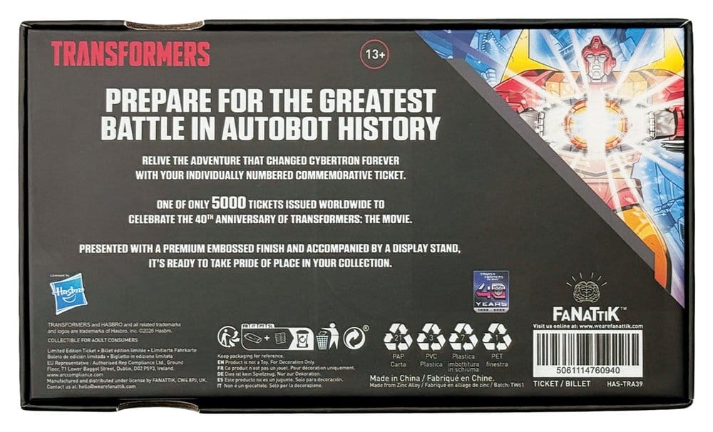 Transformers réplique The Movie 40th Anniversary Movie Ticket Limited Edition 9 x 16 cm