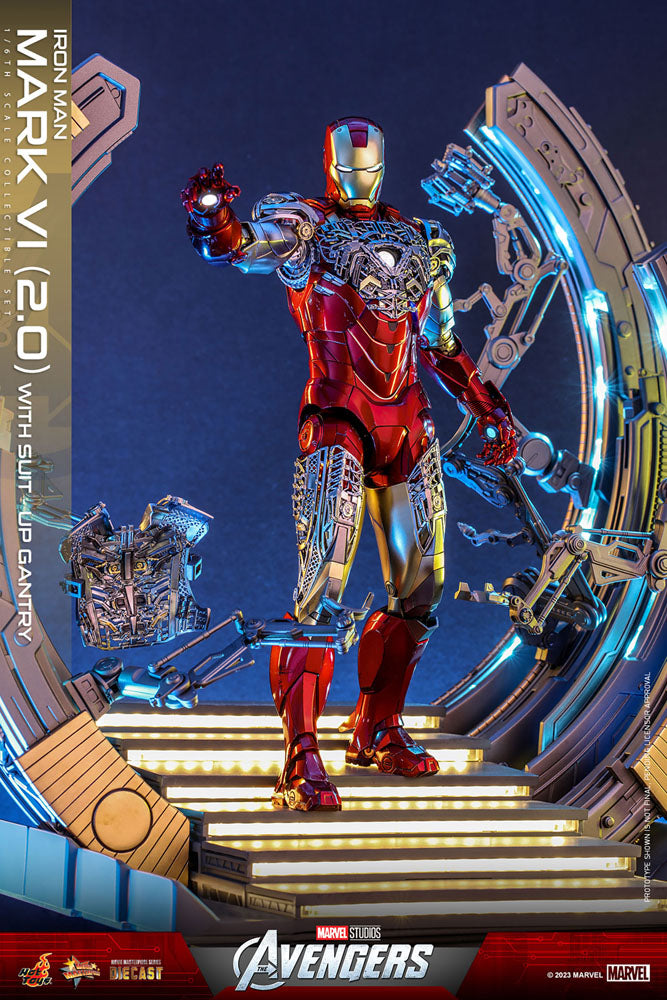 Les Avengers figurine Movie Masterpiece Diecast 1/6 Iron Man Mark VI (2.0) with Suit-Up Gantry 32 cm
