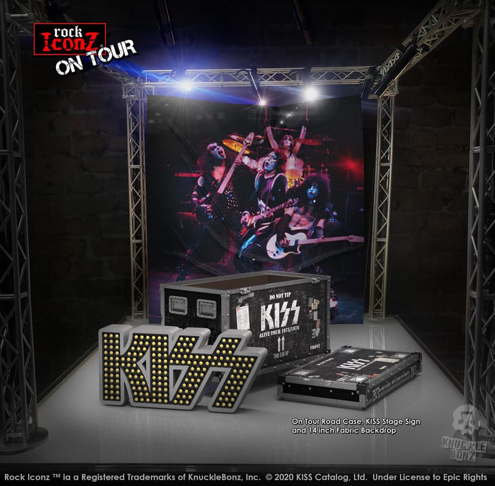 Kiss statuette Rock Ikonz On Tour caisse de tournée + décor de scène Alive! Tour