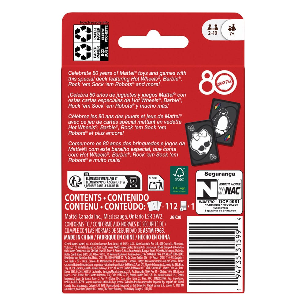 Mattel 80th Anniversary UNO jeux de cartes Ruby Red