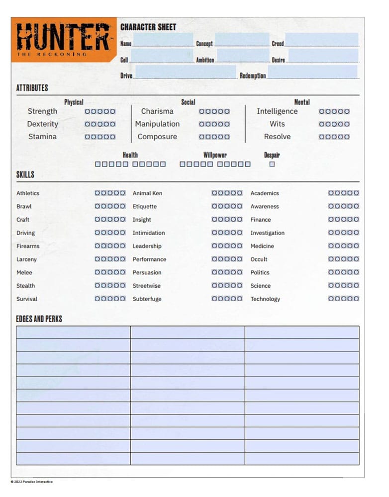 Hunter: The Reckoning 5th Edition RPG JournalExpanded Character Sheet Journal *ANGLAIS*