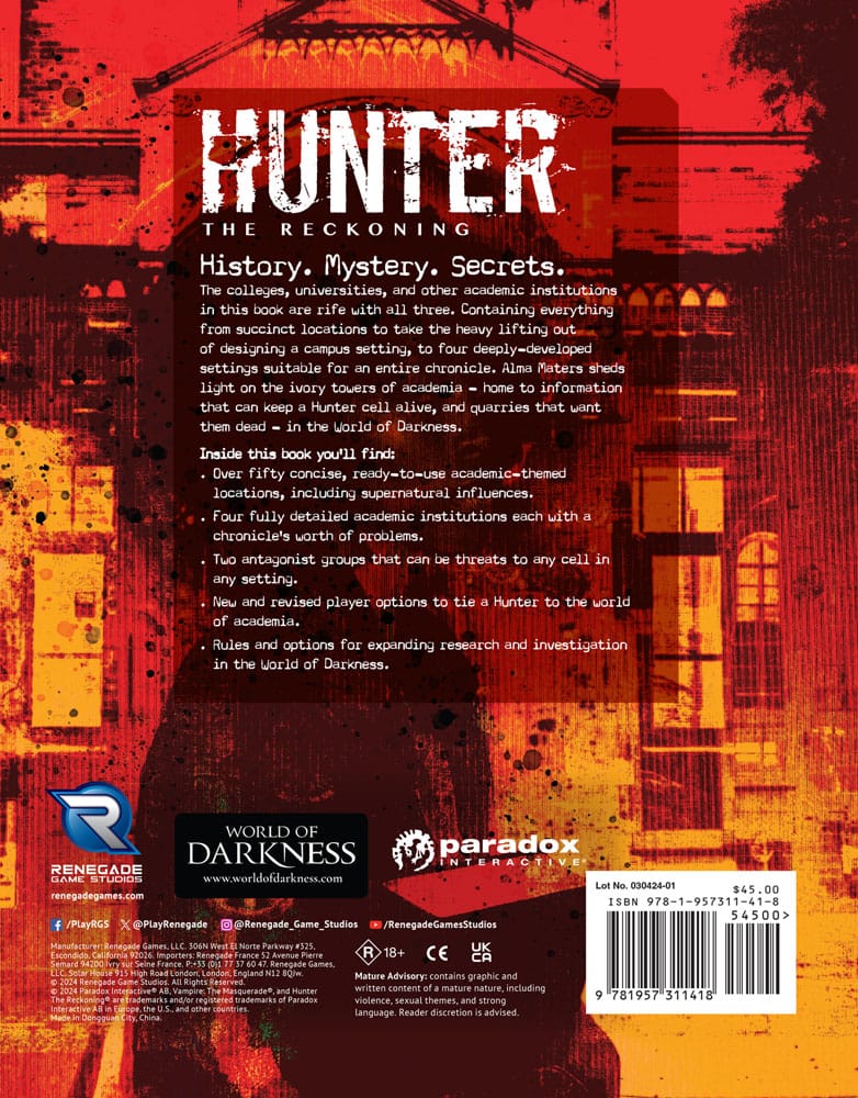 Hunter: The Reckoning 5th Edition RPG livre Alma Maters Sourcebook *ANGLAIS*