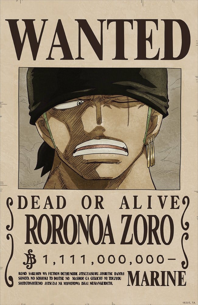 One Piece Poster 3D Wanted Roronoa Zoro 38 x 58 cm