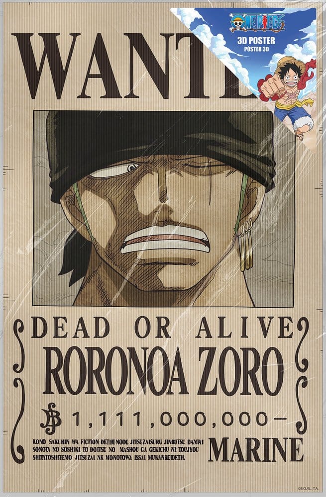 One Piece Poster 3D Wanted Roronoa Zoro 38 x 58 cm