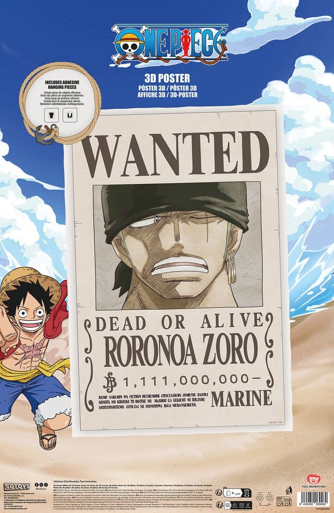 One Piece Poster 3D Wanted Roronoa Zoro 38 x 58 cm