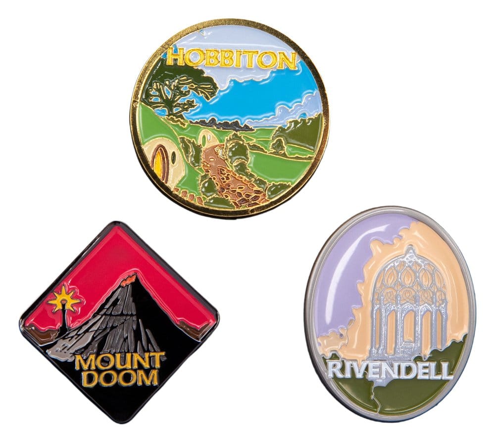 Le Seigneur des Anneaux Trilogie Set de pin's Hobbiton, Rivendell & Mount Doom