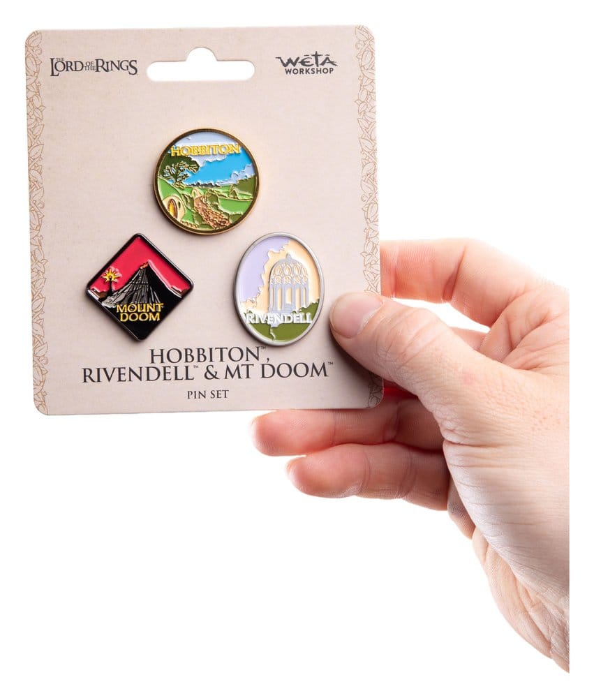 Le Seigneur des Anneaux Trilogie Set de pin's Hobbiton, Rivendell & Mount Doom