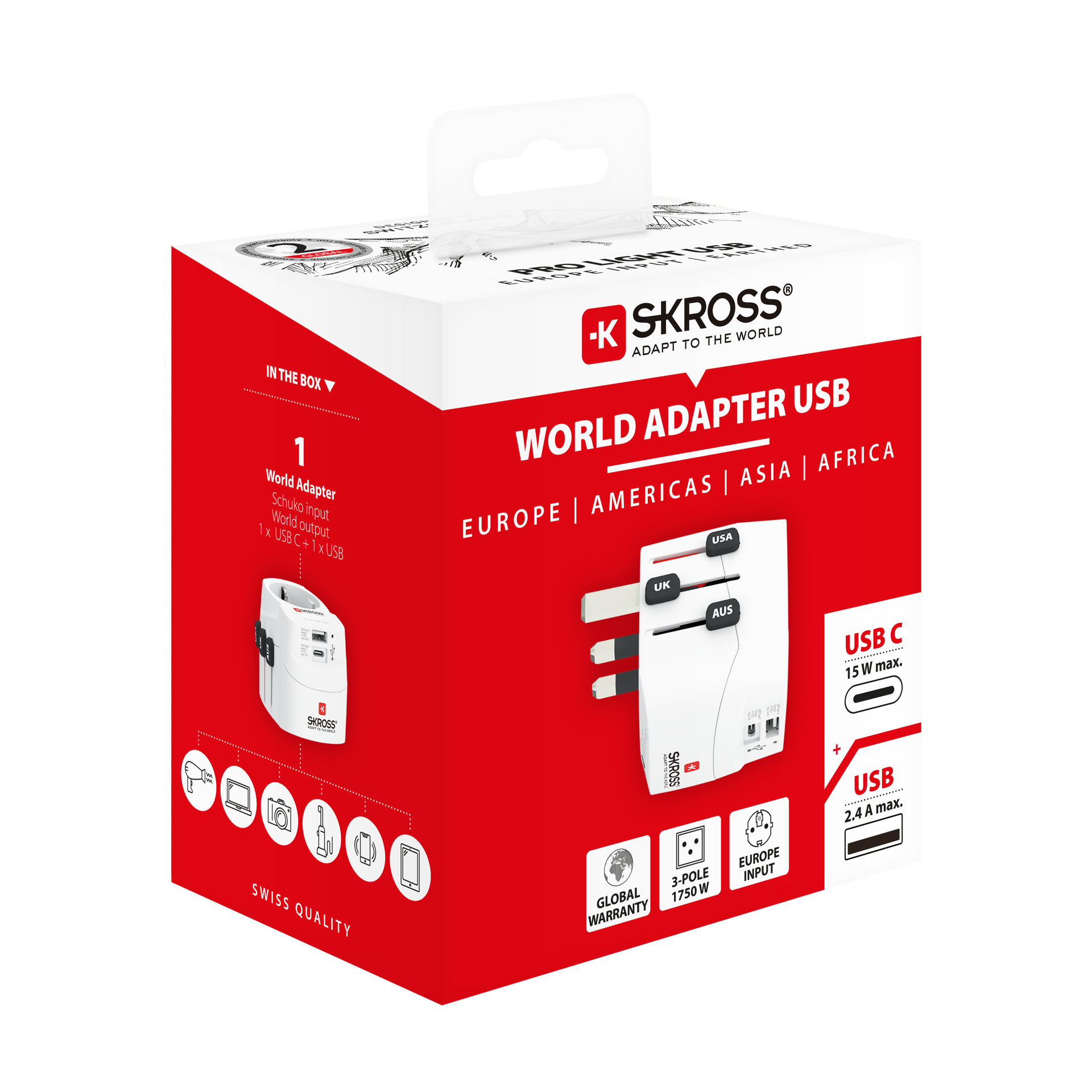 Skross - World Travel Adapter with Ground Plugs (no Swiss & Italy) + 1 USB + 1 Type C Slot