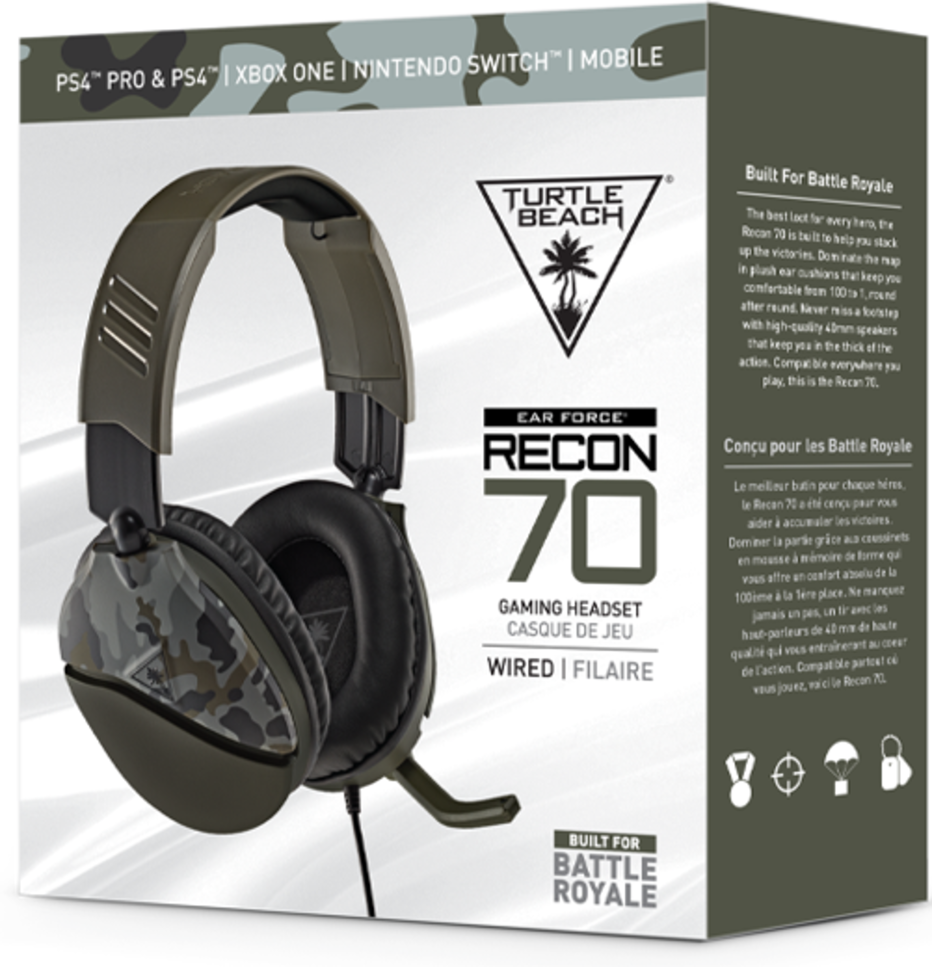 Turtle Beach - Casque de jeu filaire Recon 70 Camo Vert pour PS5, PS4, Xbox Series X|S, Xbox One, Switch et Mobile - flash vidéo