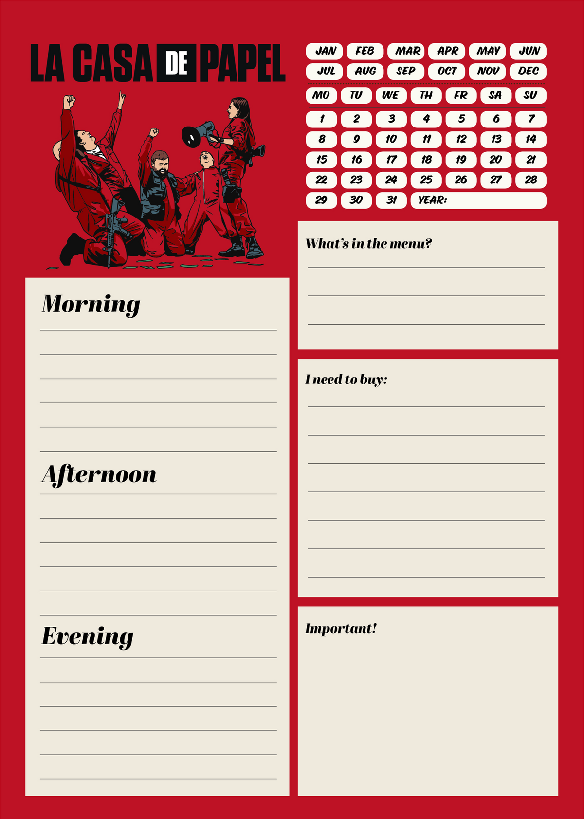 La Casa de Papel - Agenda journalier