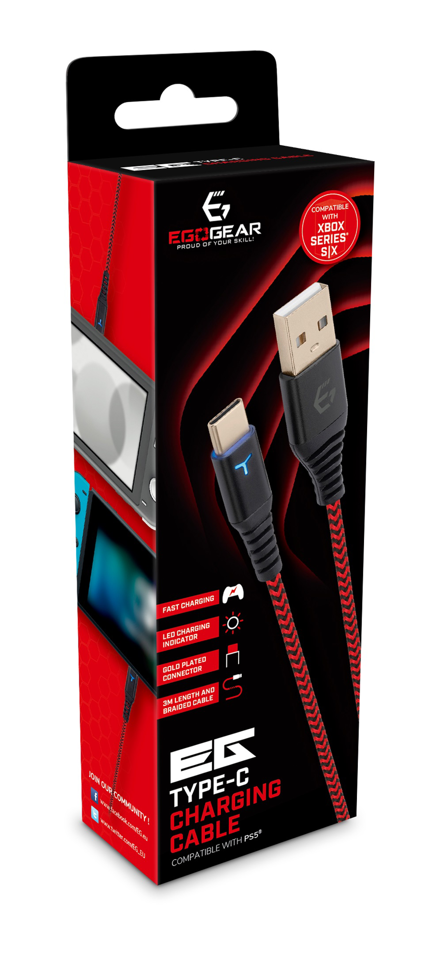 EgoGear - Câble de recharge tressé USB-C de 3m SCH10 Rouge et Noir pour Switch, Switch Lite, Switch OLED, PS5 et Xbox Series X|S