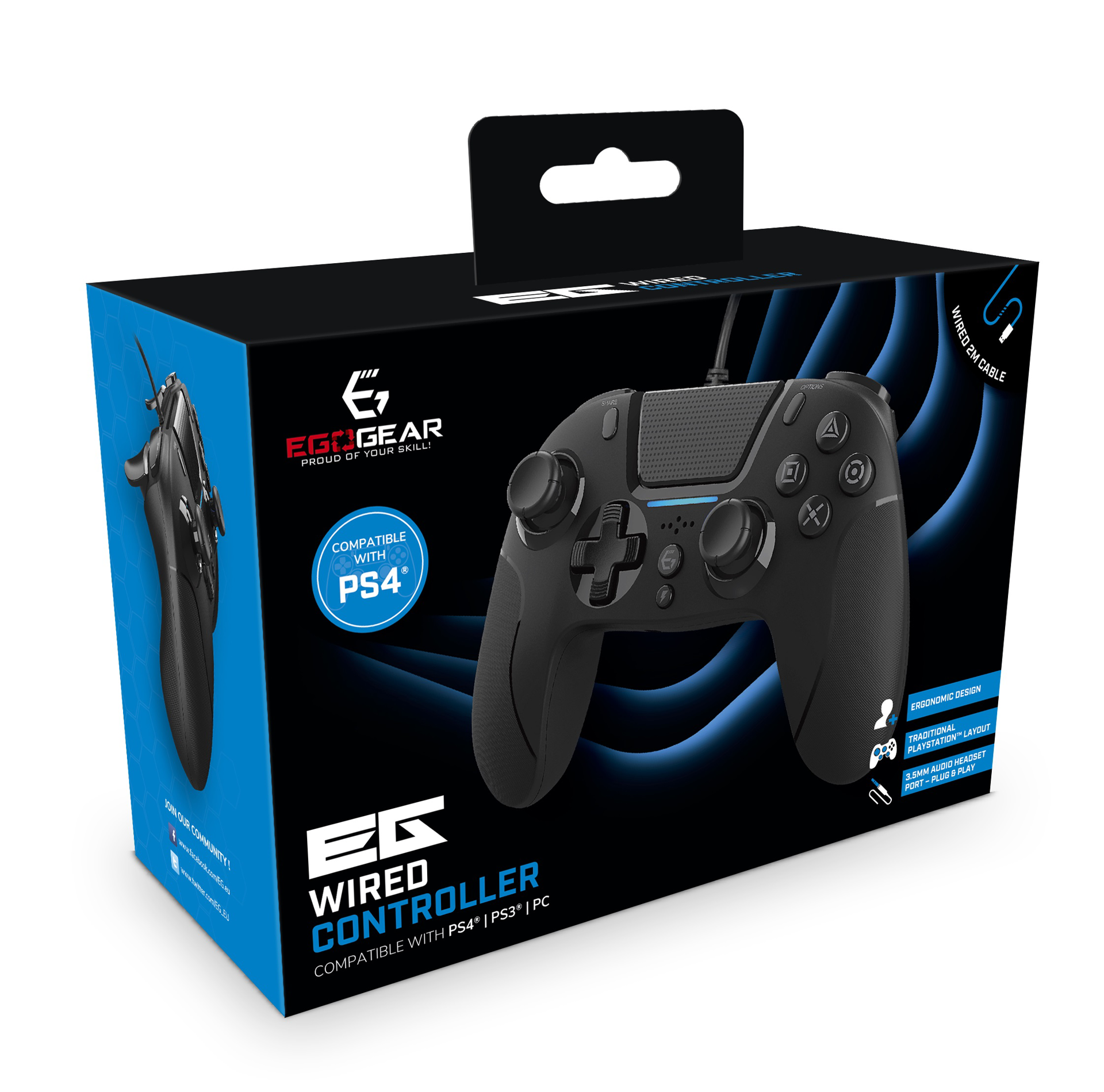 EgoGear - Manette filaire SC10 noire avec port audio pour casque pour PS4, PS3 et PC