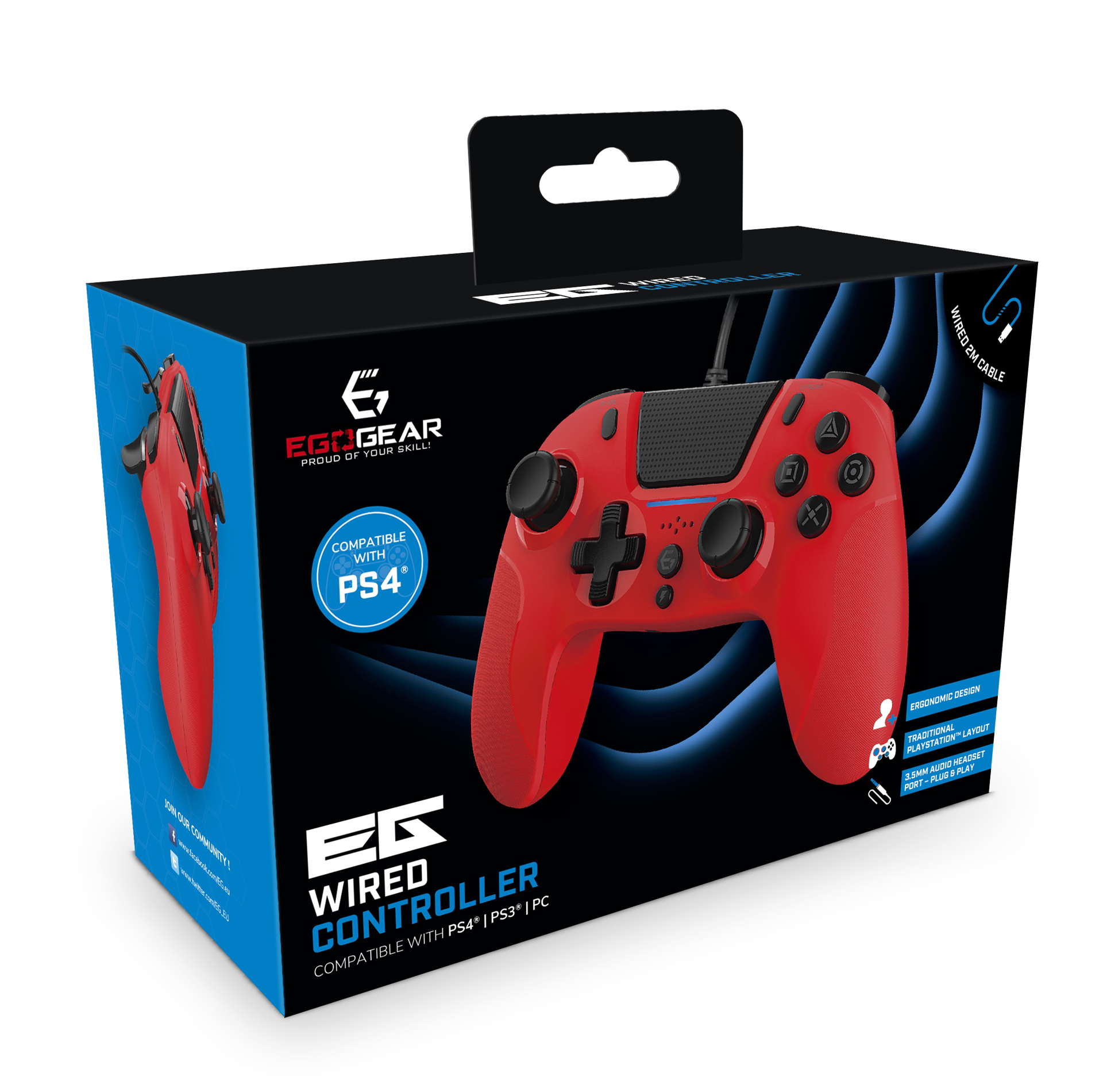 EgoGear - Manette filaire SC10 rouge avec port audio pour casque pour PS4, PS3 et PC