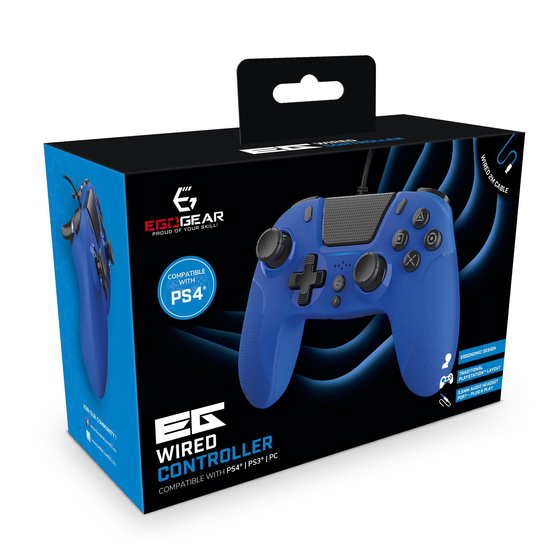 EgoGear - Manette filaire SC10 bleue avec port audio pour casque pour PS4, PS3 et PC