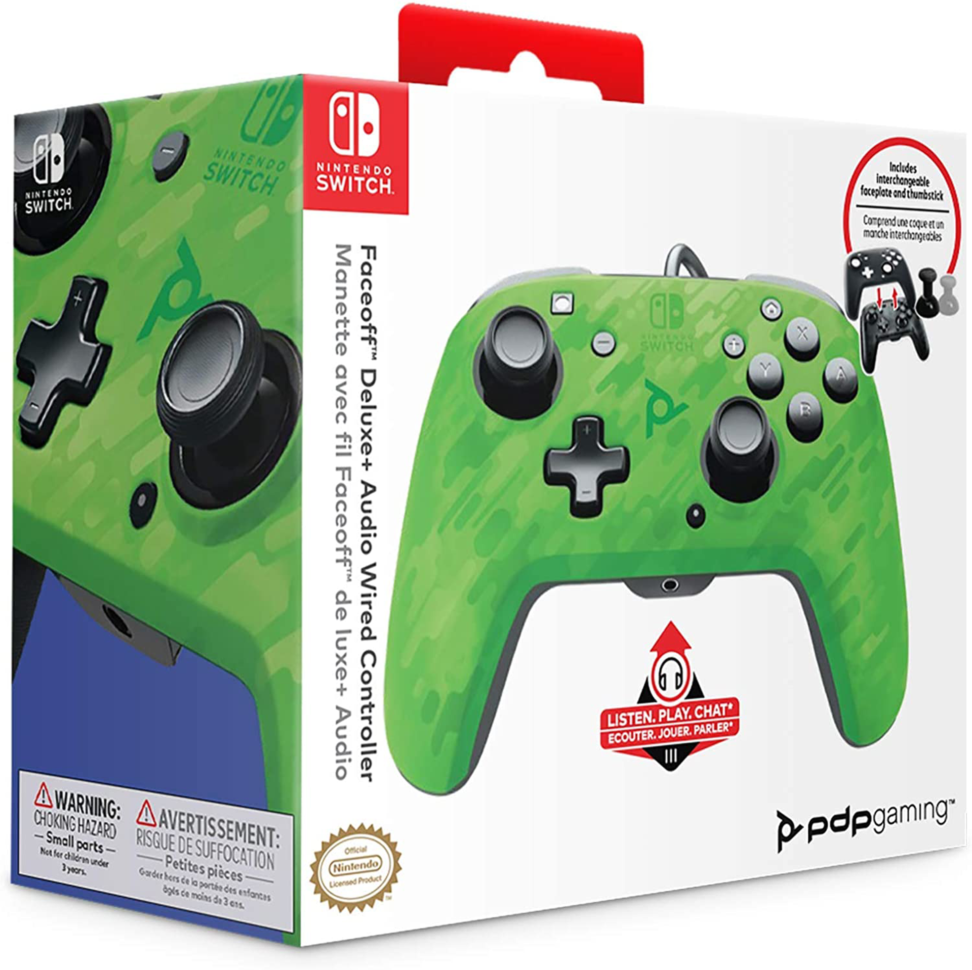 PDP - Manette filaire Faceoff Deluxe+ Audio Vert camouflage pour Nintendo Switch et Switch OLED - flash vidéo