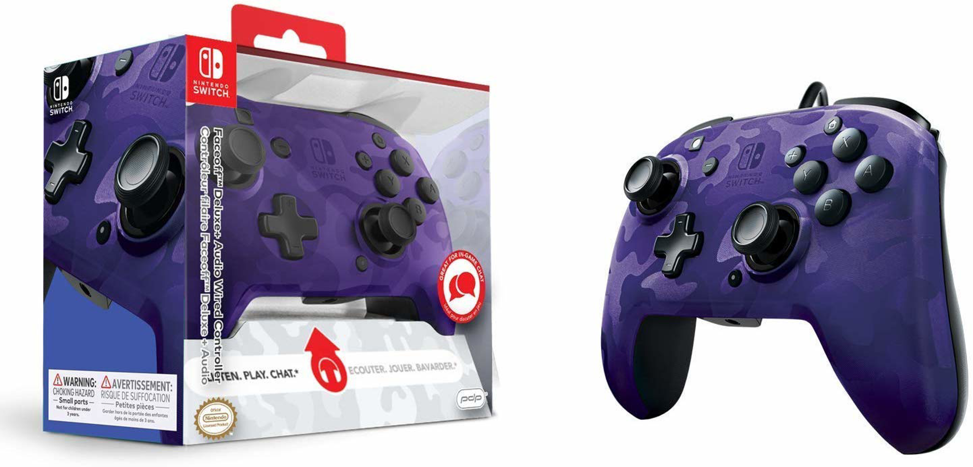 PDP - Manette filaire Faceoff Deluxe+ Audio Violet camouflage pour Nintendo Switch et Switch OLED