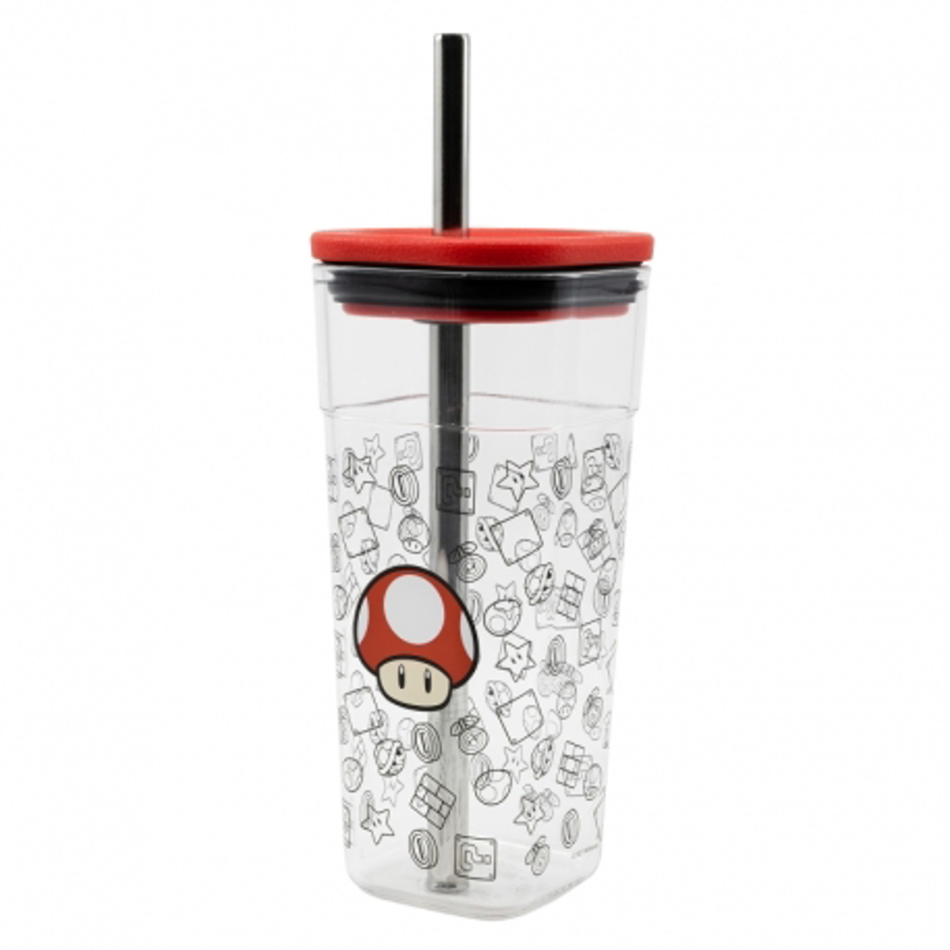 Stor Young Adult - Nintendo - Verre Acrylique (avec Paille en Acier Inoxydable) - Champignon - 540 ML - flash vidéo