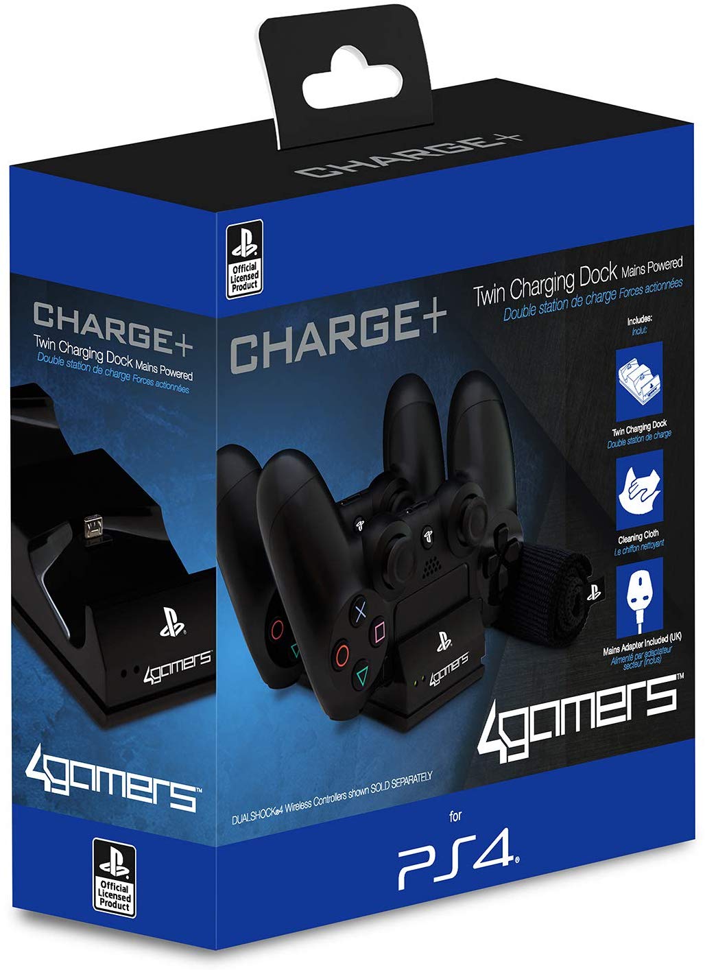 4Gamers - PS4 Licensed Charge+ Twin Charging Dock with Cleaning Cloth Black