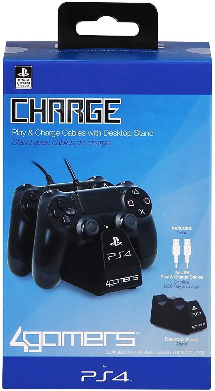 4Gamers - PS4 Licensed Twin Play and Charge Cables with Desktop Stand Black
