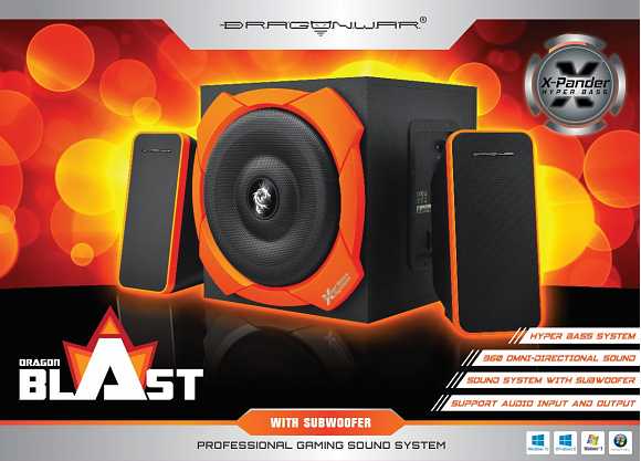 Dragonwar Dragon Blast 2.1 Sound System - Design rafiné, Hyper Bass systeme, Entrée casque, 3D stereo effect son, RMS 20W + 2x 10W. Orange / Noir