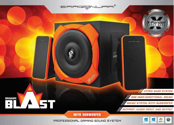 Dragonwar Dragon Blast 2.1 Sound System - Design rafiné, Hyper Bass systeme, Entrée casque, 3D stereo effect son, RMS 20W + 2x 10W. Orange / Noir - flash vidéo