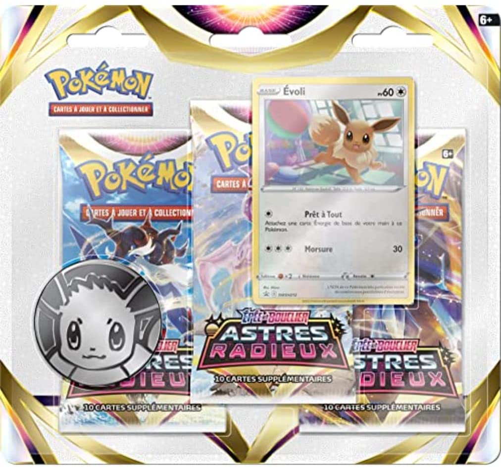 Pokémon JCC - Epée et Bouclier - Pack Blister de 3 Boosters Astres Radieux Évoli & Nymphali (1 Blister aléatoire - 3 boosters et 1 carte promo brillante) - flash vidéo
