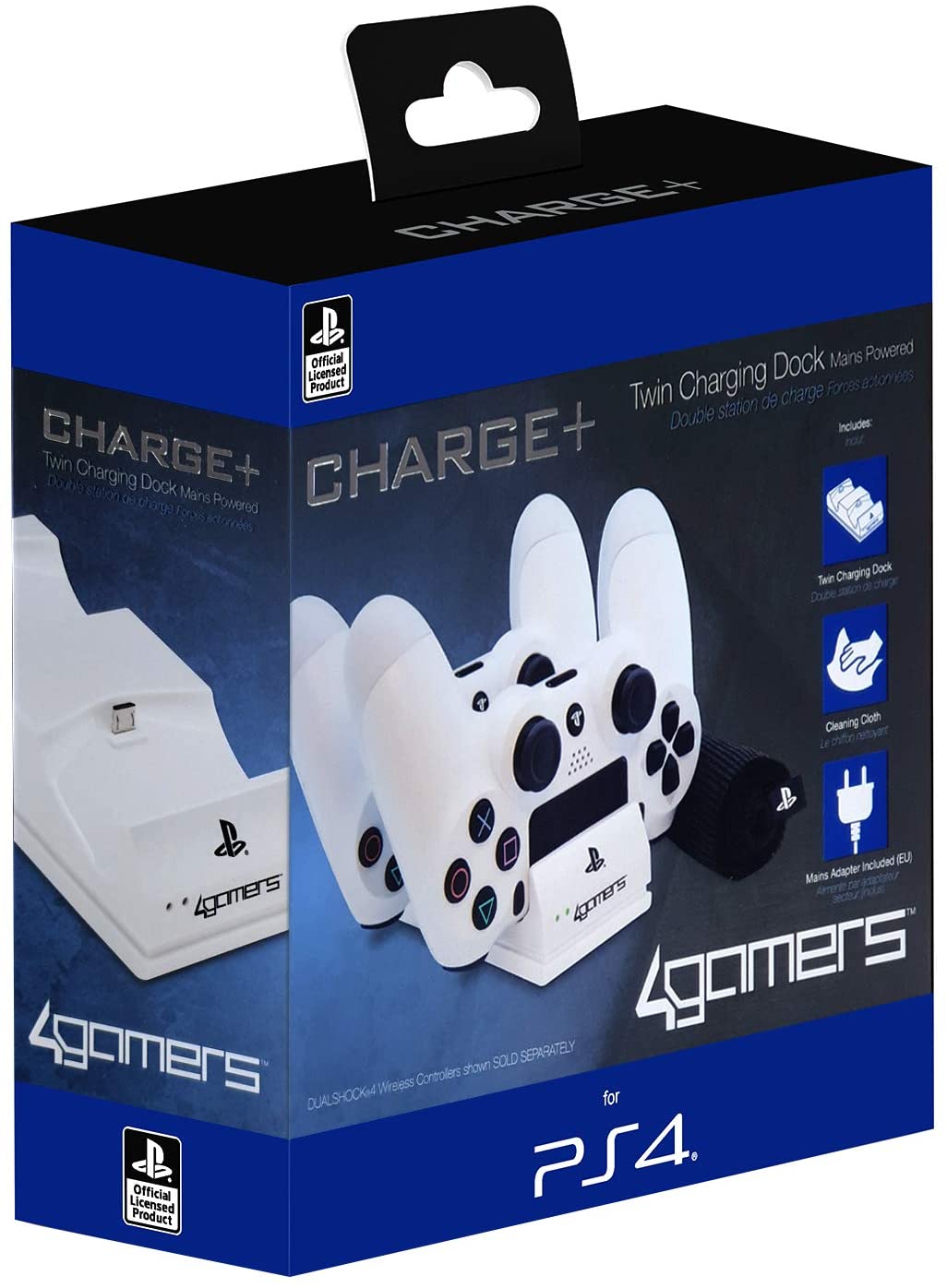 4Gamers - PS4 Licensed Charge+ Twin Charging Dock with Cleaning Cloth White