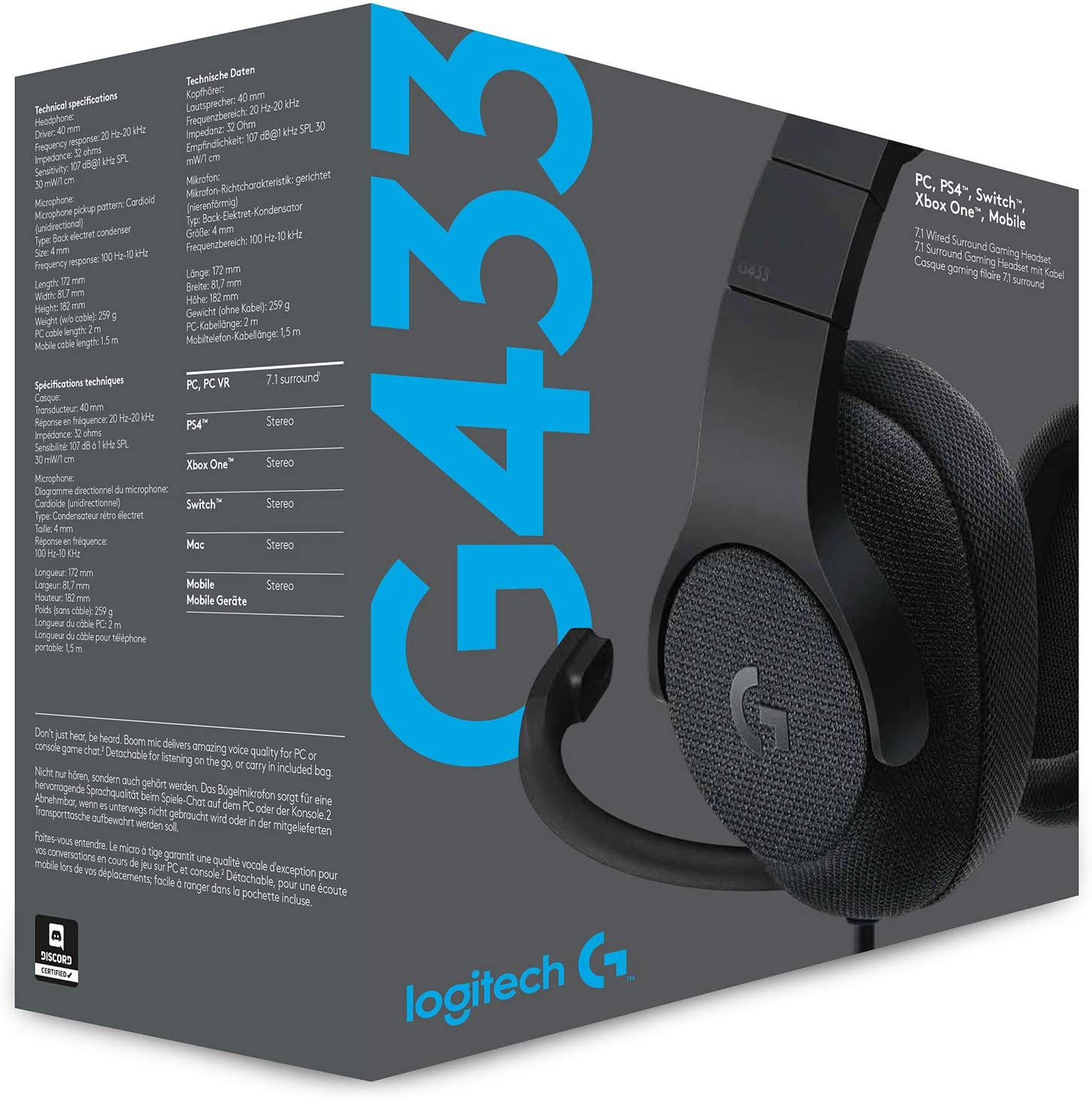 Logitech Casque de jeu 7.1 Surround G433 Triple Black pour PC, PS4, Xbox One, Switch et Mobile