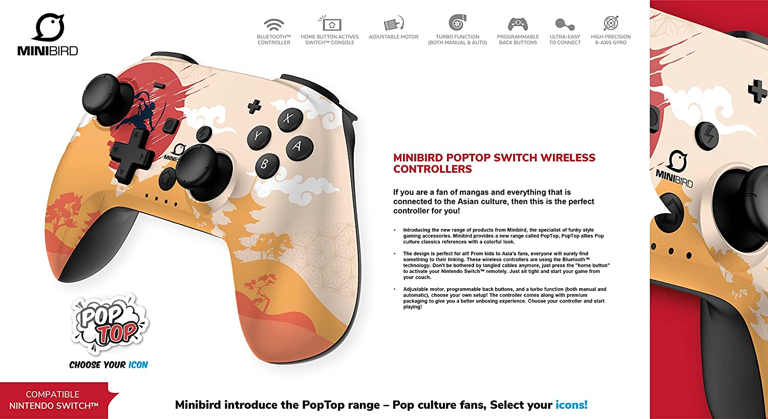Minibird Pop Top - Manette sans fil Bluetooth "Rising Sun" pour Nintendo Switch et Switch OLED