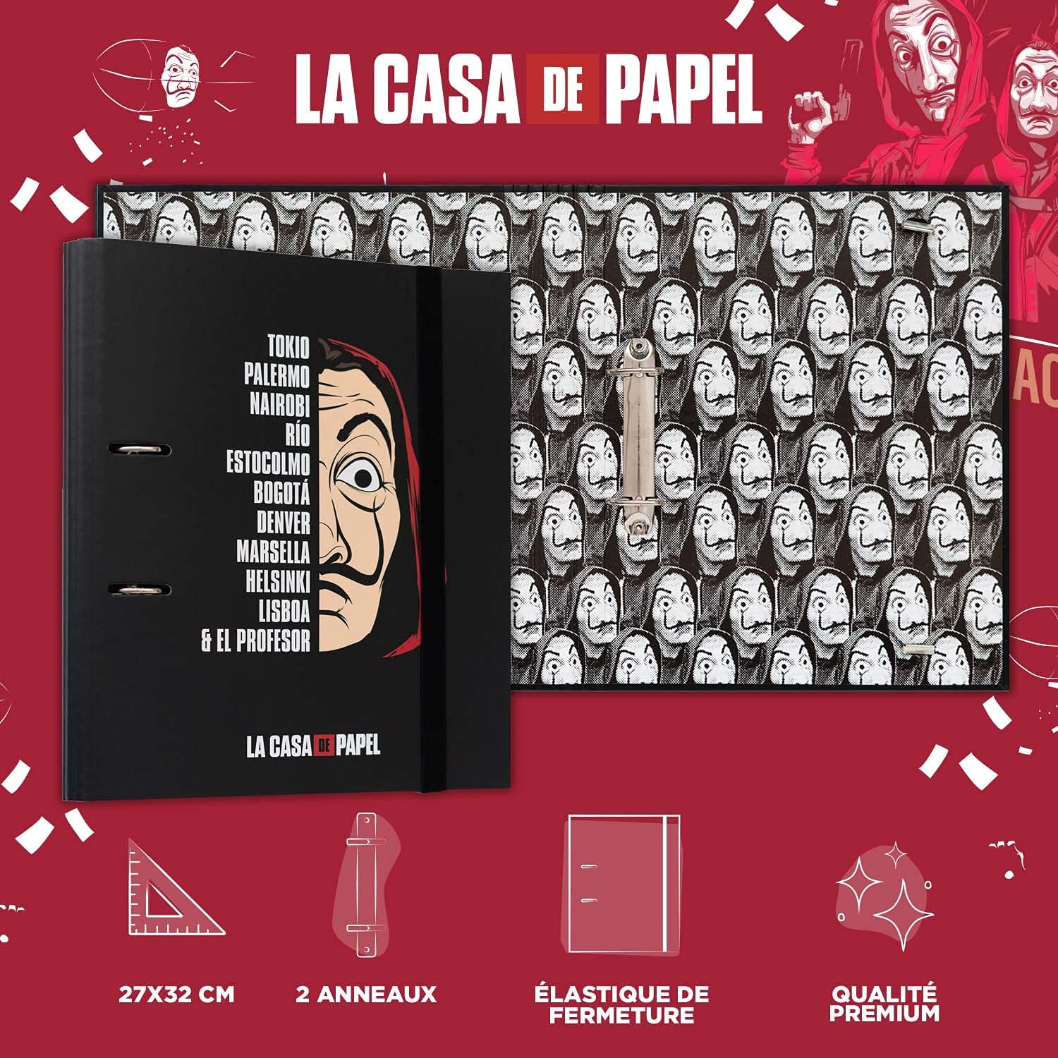 La Casa de Papel - Classeur Premium à 2 anneaux avec élastique - flash vidéo