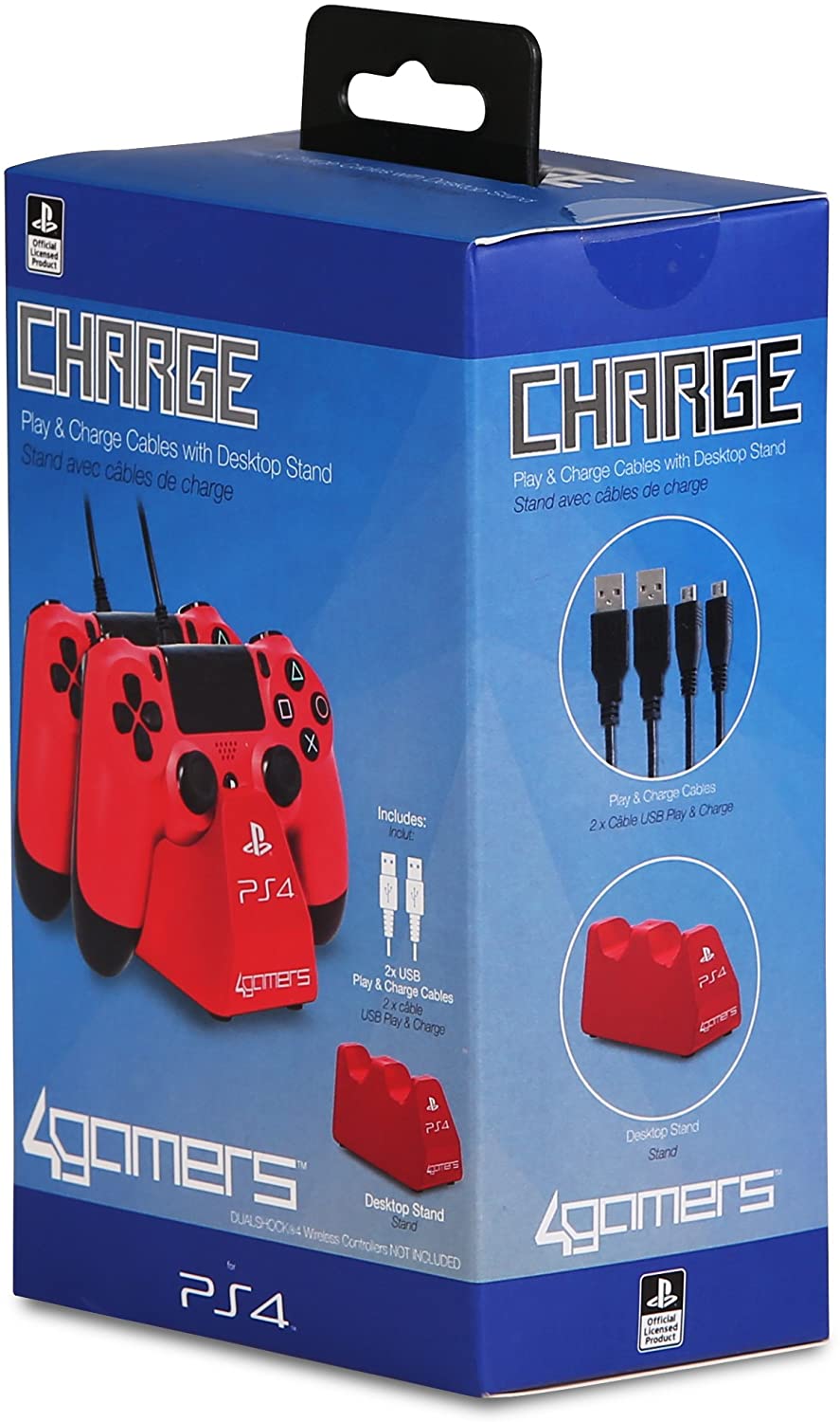 4Gamers - PS4 Licensed Twin Play and Charge Cables with Desktop Stand Red