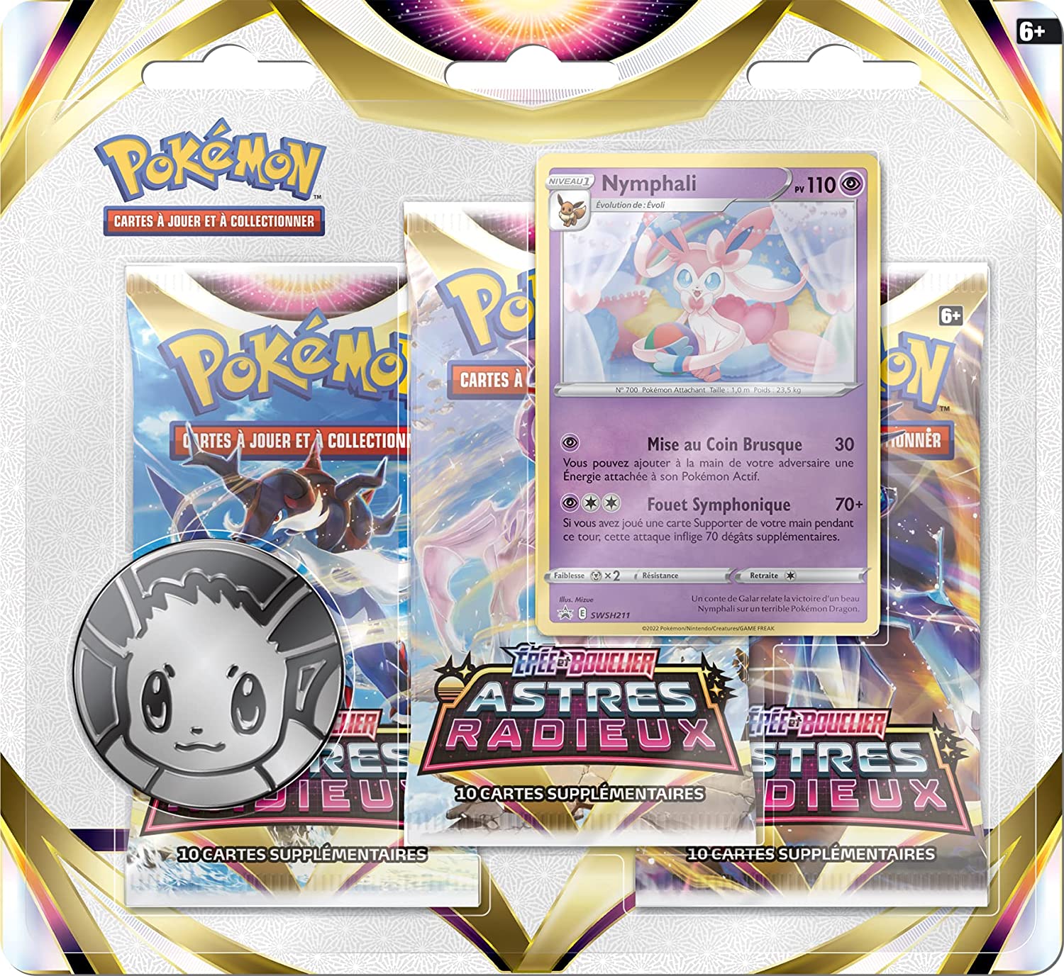 Pokémon JCC - Epée et Bouclier - Pack Blister de 3 Boosters Astres Radieux Évoli & Nymphali (1 Blister aléatoire - 3 boosters et 1 carte promo brillante) - flash vidéo