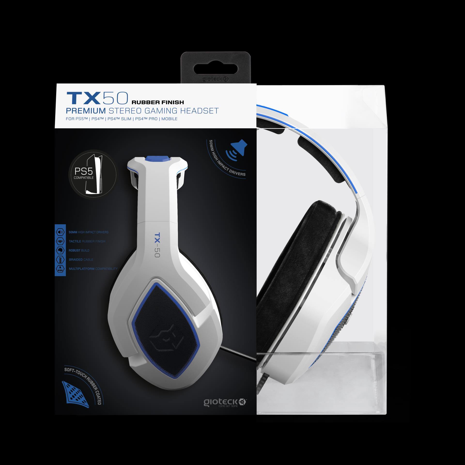 Gioteck - Casque stéréo de jeu premium TX-50 Blanc et Bleu pour PS5, PS4 et Mobile - flash vidéo