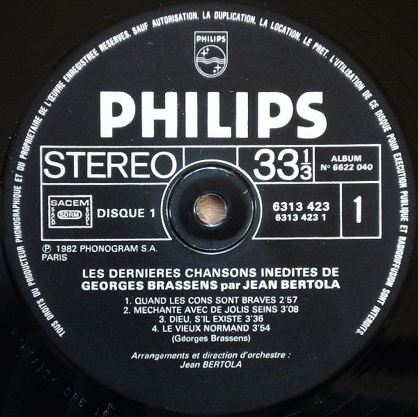 Georges Brassens , Jean Bertola –Les Dernières Chansons Inédites Par Jean Bertola [Vinyle 33Tours]