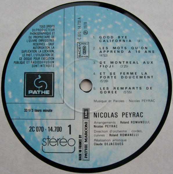 Nicolas Peyrac – Je T'aimais, Je N'ai Pas Changé [Vinyle 33Tours]
