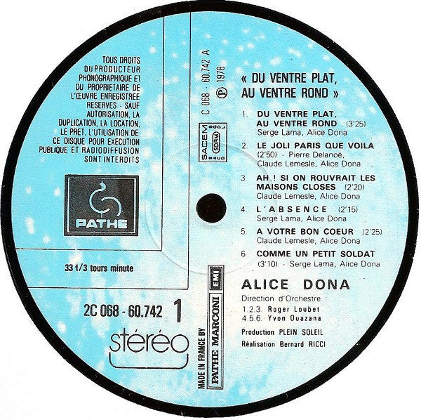 Alice Dona –Du Ventre Plat, Au Ventre Rond. [Vinyle 33Tours]