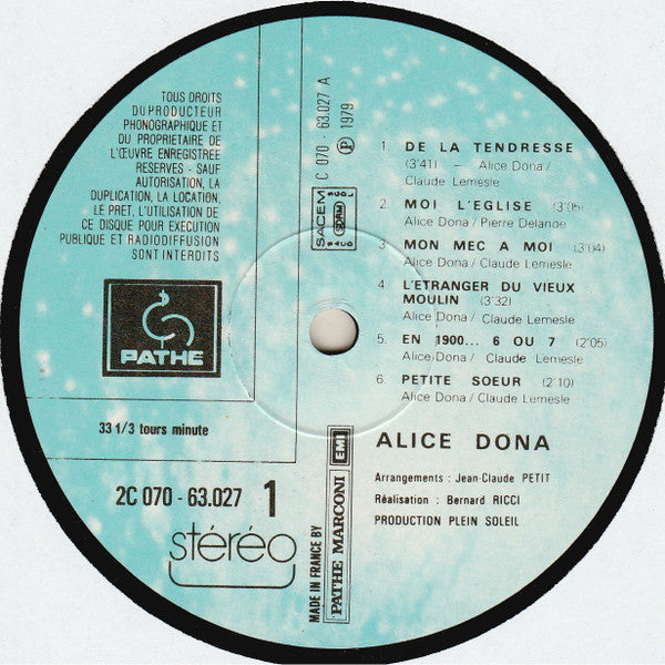 Alice Dona – De La Tendresse... [Vinyle 33Tours]