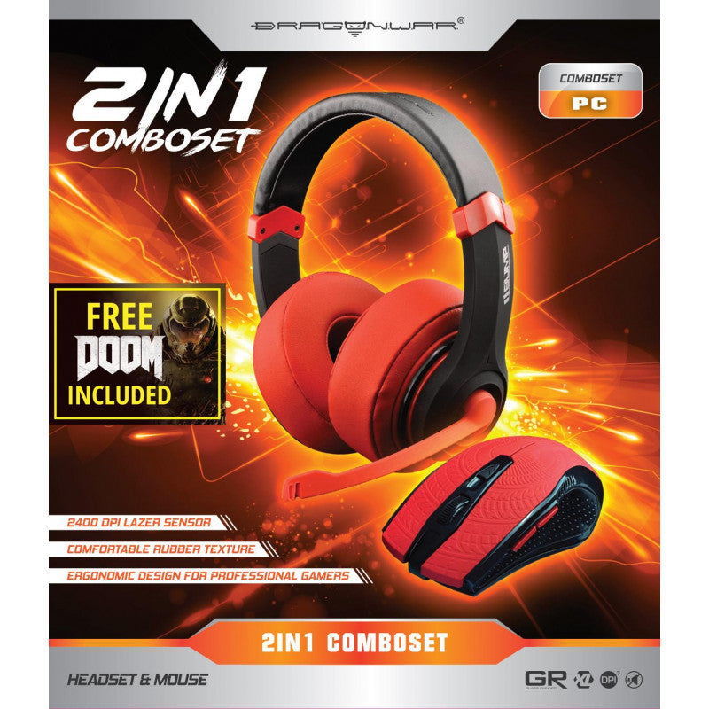 Dragonwar Comboset 2 en 1 Combo Set Edition Rouge + Stereo Gaming Headset + Souris Gaming + Jeux Complet Doom PC