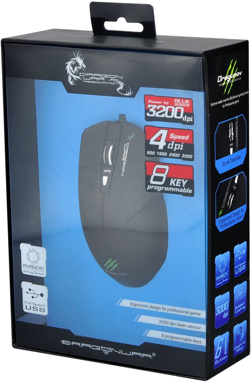 Dragonwar G3 Dragunov Souris de jeu 3200 DPI à LED bleue avec 8 boutons - Noir - flash vidéo